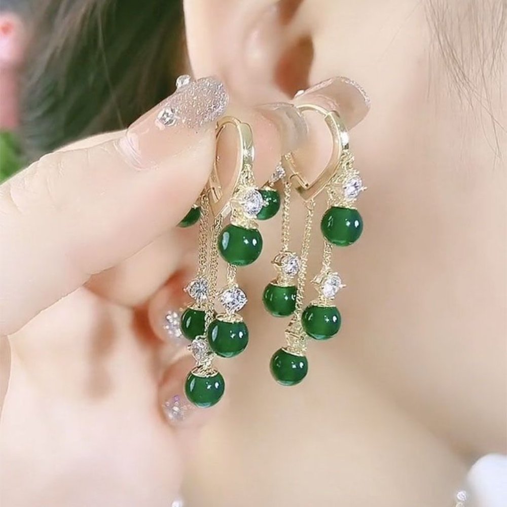 NEW GP Green Emerald Cat Eye Stone & CZ Tassel Earrings